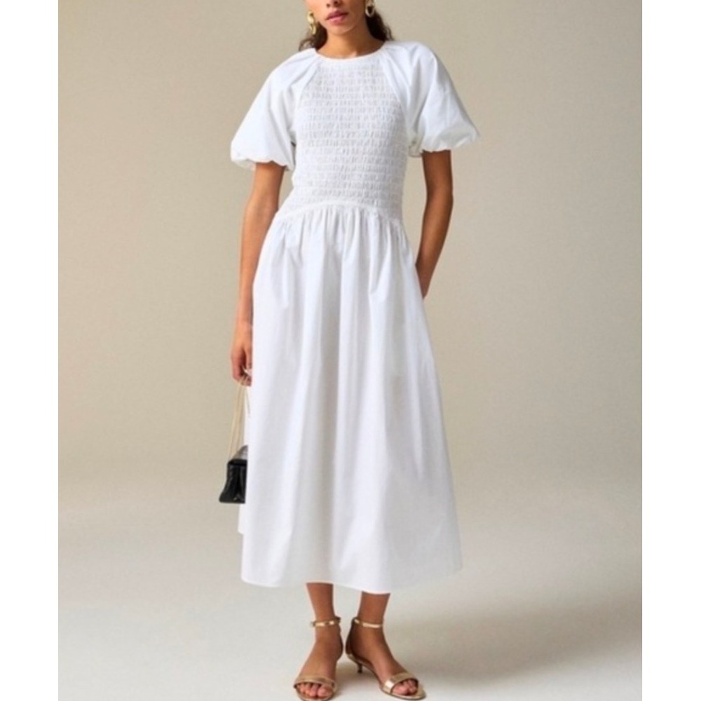 NWT J.Crew Meadow Dress White Smocked Puff-Sleeve Cotton Lg. Womens Cottagecore